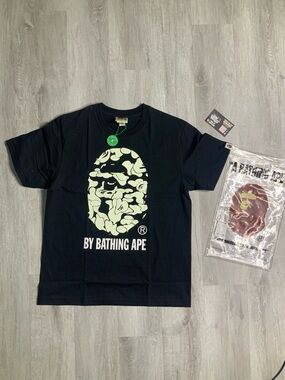 A Bathing Ape Black Short Sleeve Graphic Tee - Green Ape Logo